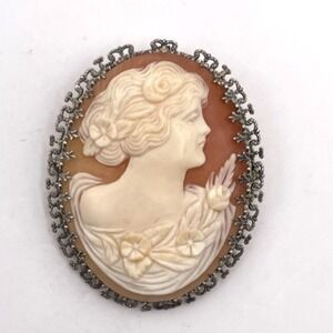 Vintage Antique 14k White Gold Filigree Shell Cameo Brooch Pendant - Hand-Carved